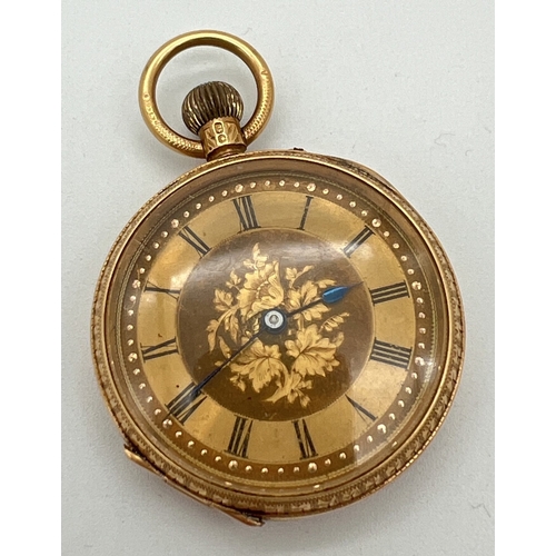 1128 - An Edwardian 18ct gold ladies pocket watch with ornate floral designed case. Empty cartouche to back... 