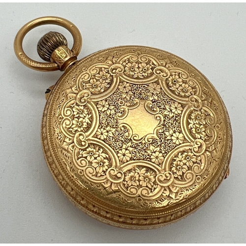 1128 - An Edwardian 18ct gold ladies pocket watch with ornate floral designed case. Empty cartouche to back... 