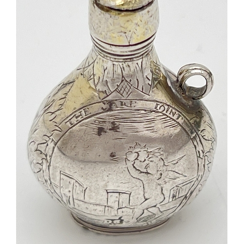 1156 - A late 17th Century silver scent flask of pilgrim form with engraved scene of Cupid to one side and ... 