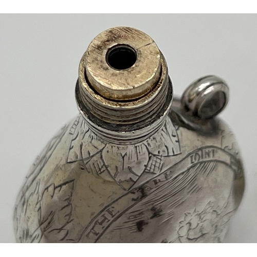 1156 - A late 17th Century silver scent flask of pilgrim form with engraved scene of Cupid to one side and ... 