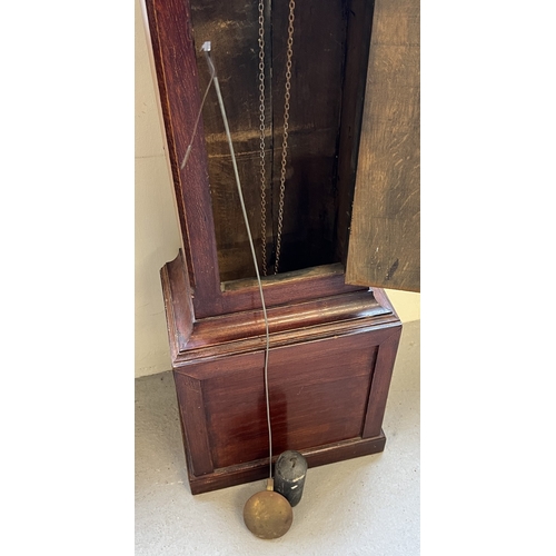 1237 - An antique mahogany long cased clock with hand painted face marked Thomas Short, Kelvedon. Complete ... 