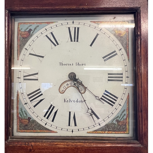 1237 - An antique mahogany long cased clock with hand painted face marked Thomas Short, Kelvedon. Complete ... 