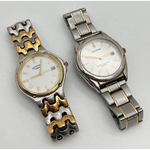 1131 - 2 duo coloured stainless steel strap and cased wristwatches. A Rotary UCAR 315 with white face and g... 