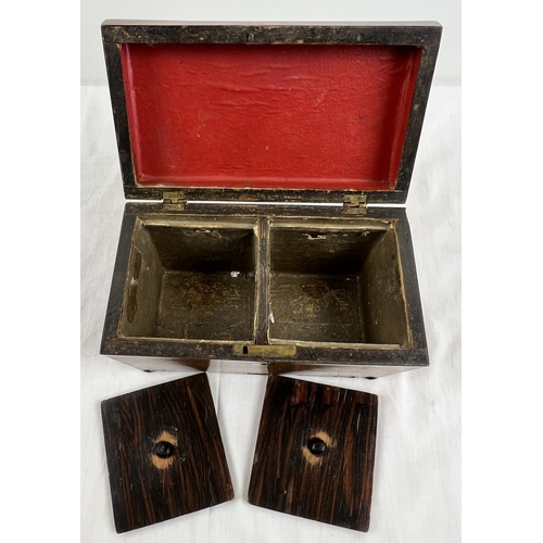 1315 - A vintage wooden sarcophagus shaped tea caddy with small bun feet and brass key escutcheon. Two lidd... 