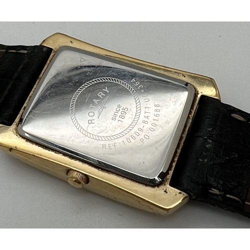 1139 - A gold tone square shaped Rotary quartz wristwatch 10609, with original leather strap. Gold tone hou... 