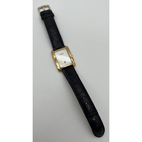 1139 - A gold tone square shaped Rotary quartz wristwatch 10609, with original leather strap. Gold tone hou... 