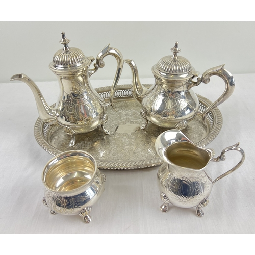 1167 - A vintage 20th century heavy silver plated 4 piece matching tea set on an oval shaped galleried tray... 