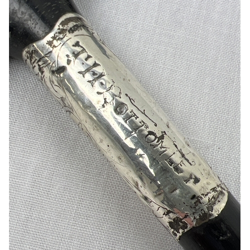 1170 - An Edwardian ebonised walking cane with hallmarked silver collar engraved 'T. H. Bottomley' and with... 