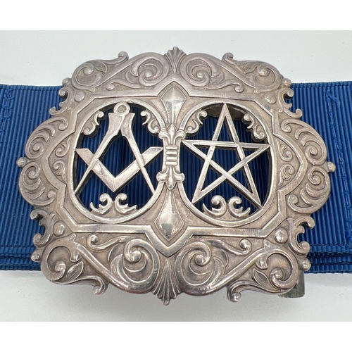 1173 - A vintage Elizabeth II silver Masonic nurses buckle on blue fabric belt. Fully hallmarked to reverse... 