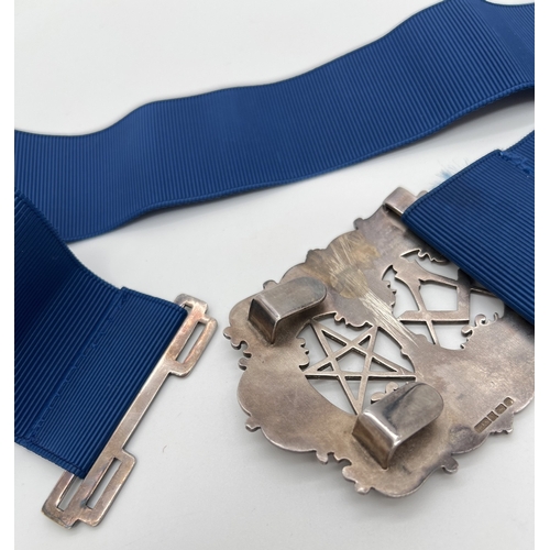 1173 - A vintage Elizabeth II silver Masonic nurses buckle on blue fabric belt. Fully hallmarked to reverse... 