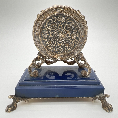 1175 - An antique Continental 800 silver gilt miniature clock, possibly French, with key. Highly ornate sil... 