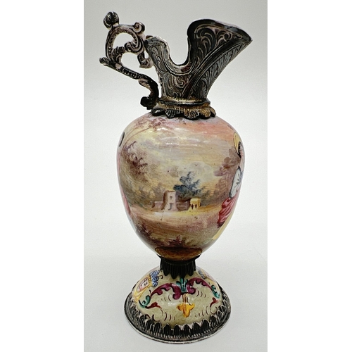 1176 - A miniature Continental (probably Austrian) silver and painted enamel ewer raised on a domed foot an... 