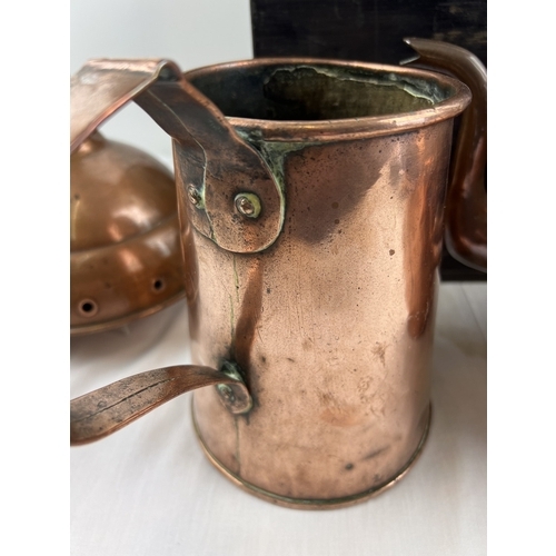 1214 - 3 antique copper items together with a vintage wooden box. Copper kettle and large tankard/jug both ... 