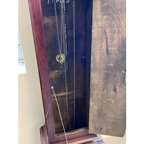 1237 - An antique mahogany long cased clock with hand painted face marked Thomas Short, Kelvedon. Complete ... 