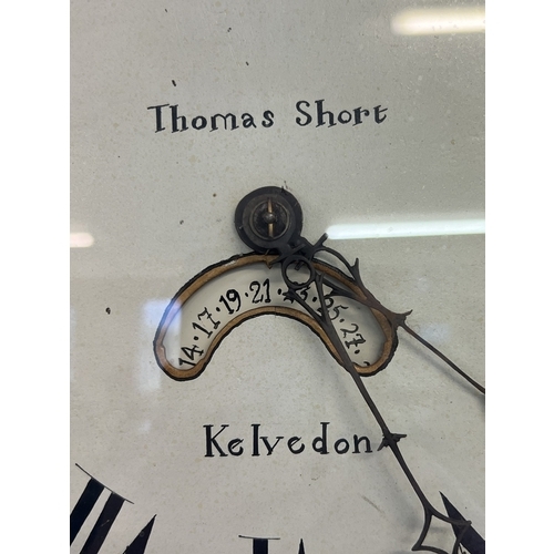 1237 - An antique mahogany long cased clock with hand painted face marked Thomas Short, Kelvedon. Complete ... 