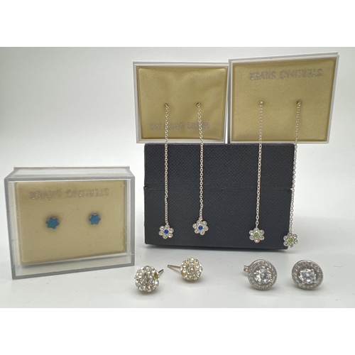 129 - 5 pairs of silver stone set earrings in stud and drops style, to include 3 boxed. Includes chain dro... 