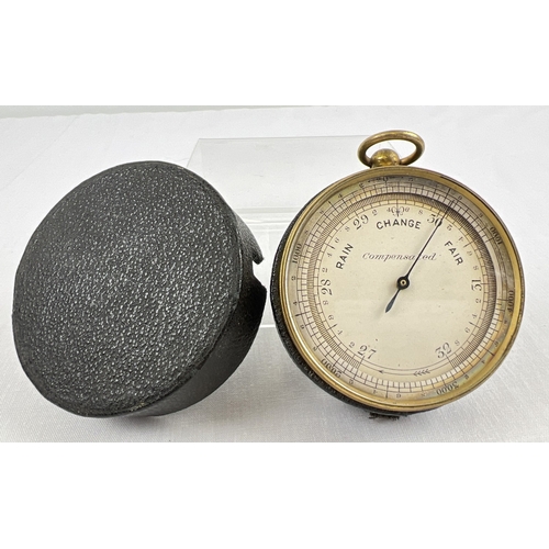 1301 - A 19th century antique pocket barometer altimeter by S B, with leather covered travelling case. 6.5c... 