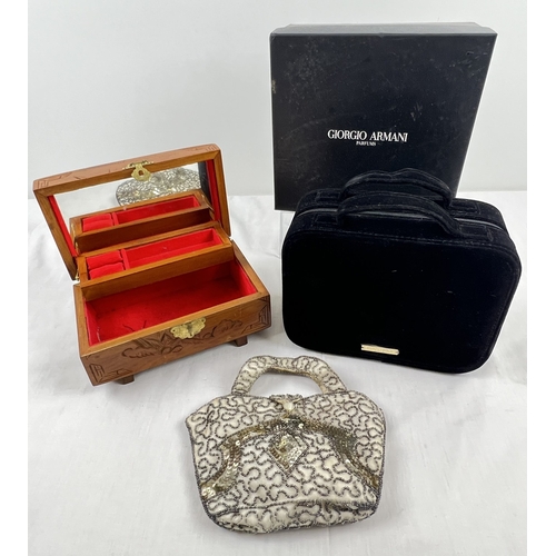 1317 - 3 ladies vanity items. A boxed Giorgio Armani Parfums black velvet vanity bag, a vintage wooden jewe... 