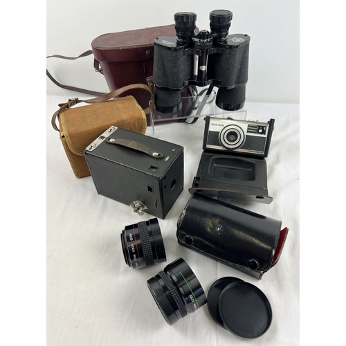 1299 - A cased pair of Charles Frank 10 x 50 coated Optics binoculars together with a collection of vintage... 