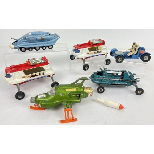 6 vintage Dinky & Corgi diecast space vehicles to include examples from Gerry Anderson's UFO, Captain Scarlett and Joe 90. Lot comprises: Dinky 104 Spectrum Pursuit Vehicle, 102 Joe's Car, 351 UFO Interceptor, 355 Lunar Roving Vehicle and 2 x Corgi 806 Lunar Bug.