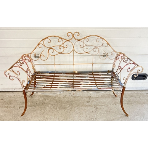 1362 - A vintage painted metal garden bench with scroll design detail. Some rusting. Approx. 145cm long.