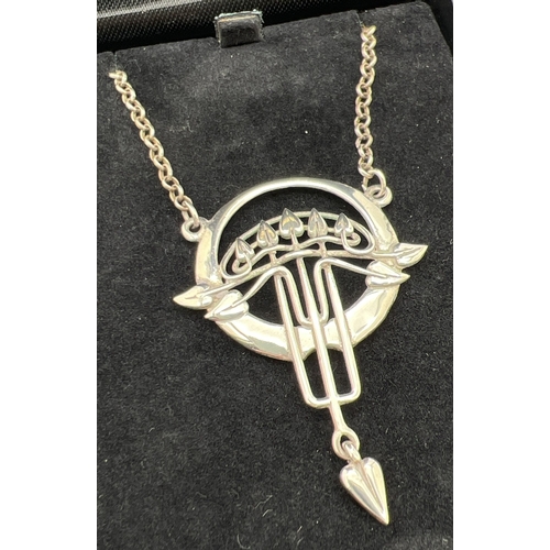 1017 - A boxed silver Charles Rennie Mackintosh design fixed drop pendant necklace by Ortak. Silver marks t... 