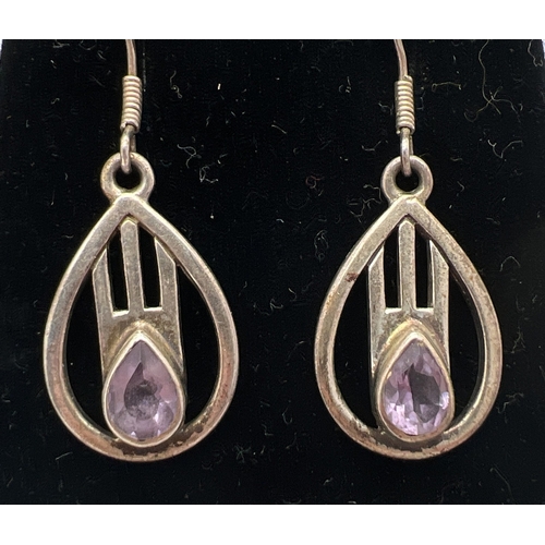 1028 - 3 pairs of silver drop style earrings - 2 pairs in a Rennie Mackintosh style to include amethyst set... 