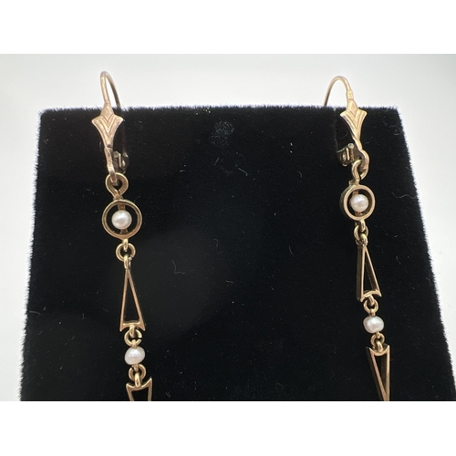 1033 - A pair of vintage 9ct gold, jade and pearl drop earrings with lever backs. Carved Chinese deity jade... 