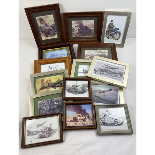 1254 - 15 assorted small framed & glazed military related pictures & prints, to include aircraft, tanks and... 