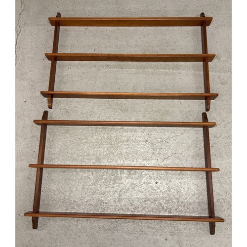 1367 - 2 wooden wall hanging 3 tier display shelves of slim design, with plate grooves. Fixing holes to rev... 