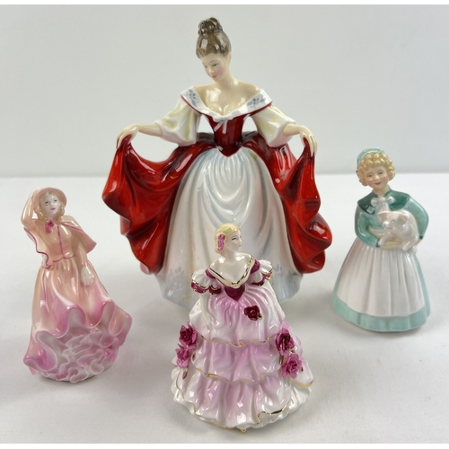 1264 - 4 bone china lady figurines. 2 Royal Doulton and 2 Coalport. HN2265 Sara in red and white dress, HN2... 