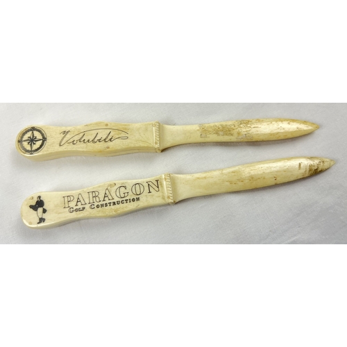 1327 - 2 scrimshaw style letter openers with carved detail to handles. Each approx. 23cm long.