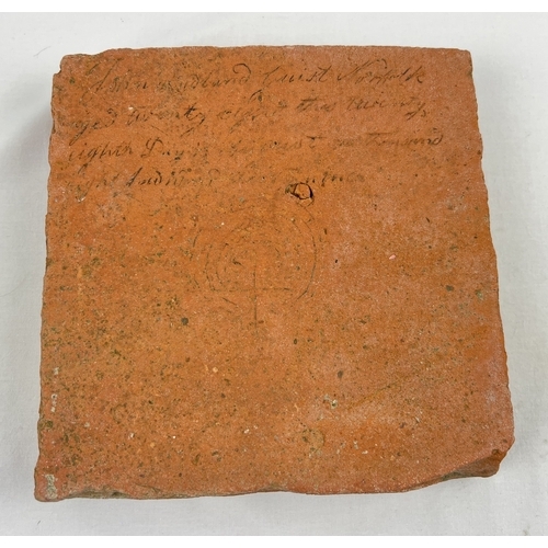 1319 - An antique red brick block with engraved local history detail and and worn ringed cross symbol. Engr... 