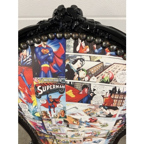 1371 - A modern wooden framed Louis XV style child's armchair with Marvel & DC comic book design upholstery... 