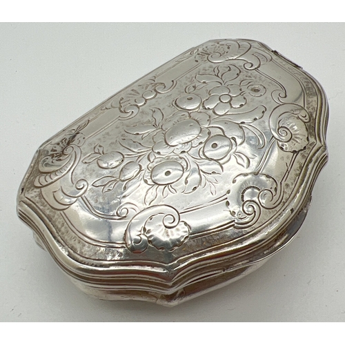 An 18th century unmarked continental silver erotic snuff box, circa 1740, with concealed lever mechanism. Tested as 800+ grade silver with XRF analyser by Juels Ltd, Norwich. The inside of the lid has ivory painted scene of a young couple amorously engaged, with a side push/pull lever that automates the scene. Approx. 6.75cm long and weighs 51.86g. Comes with a copy of the certificate of authenticity from A.D.C Heritage - Fine Antique Silver & Objects D'Art, dated 15th May 1981. Ivory exemption number 7T8HV7DA.