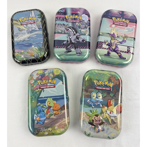 64 - 150+ Pokemon cards in 5 assorted Pokemon TCG mini tins. Each tin containing 30 pokemon cards, an onl... 