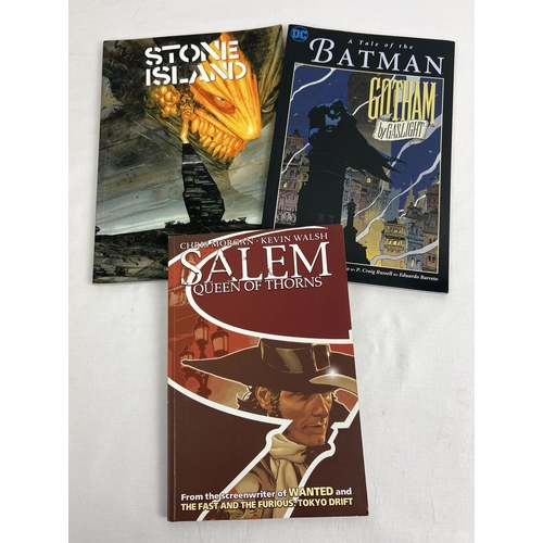 92 - 3 paperback graphic novels. Batman: Gotham by Gaslight, Salem: Queen of Thorns and Stone Island.