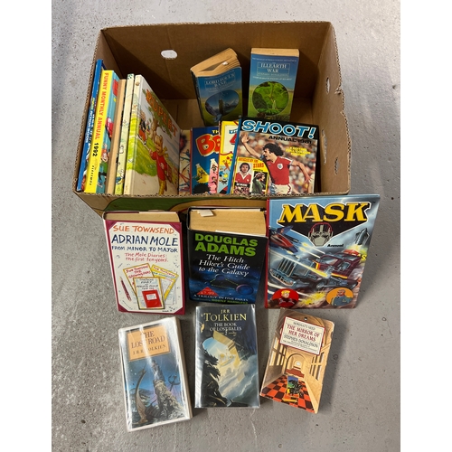 122 - A box of assorted hardback and paperback books to include Rupert Bear annuals, Mask, Giles, Beano, A... 