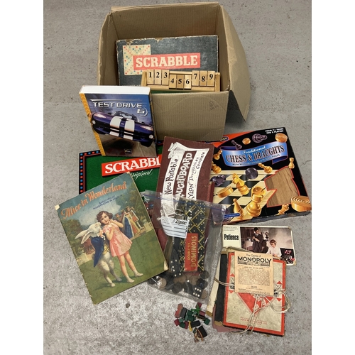 135 - A box of assorted vintage and modern games and board games. To include vintage cased Chad Valley Dom... 