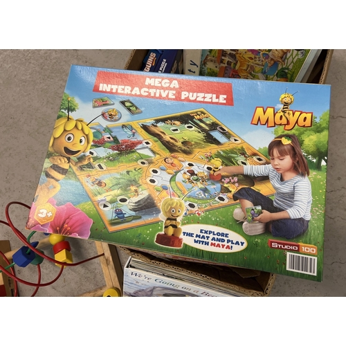 180 - A box of children's assorted jigsaw puzzles, games and books. To include Maya Bee Interactive puzzle... 