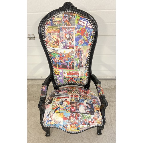 188A - A modern wooden framed Louis XV style child's armchair with Marvel comic book design upholstery. App... 