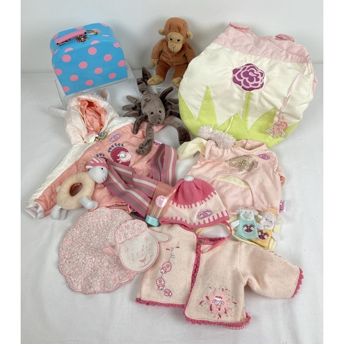 195 - A collection of Baby Annabelle clothing & accessories together with 2 x Beanies and a small toy suit... 