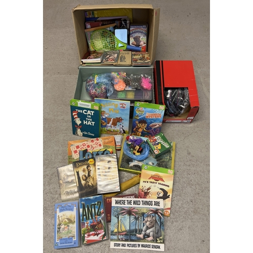 196 - A box of assorted children's books, videos, toys, puzzles and games. To include: ladybird books, Loo... 