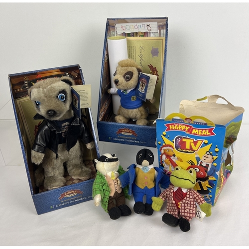 204 - 2 boxed Meerkat plush toys together with 3 Wind in the Willows McDonalds Happy Meal Toys from TV Fav... 