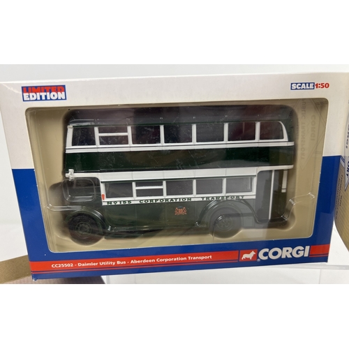 238 - 3 boxed Corgi collectors diecast model buses. Limited edition 1:50 scale CC25502 Daimler Utility Bus... 