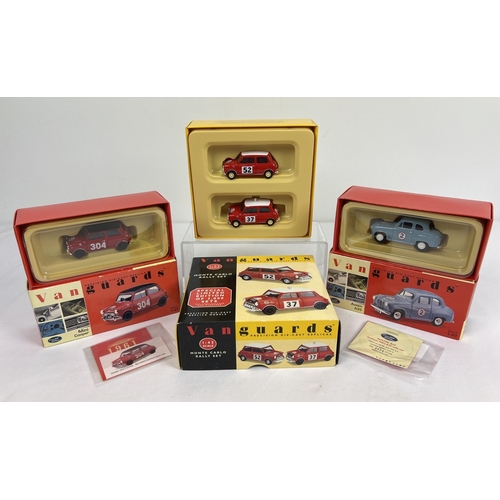4 boxed Vanguards Ltd edition diecast rally cars, to include 2 vehicle Monte Carlo Rally set MC1002. Also includes VA23005 Graham Hill's Austin A35 Rally car and VA25007 Pat Moss's Mini Cooper Rally car. All 1:43 scale and come with information cars and Ltd edition certificates.
