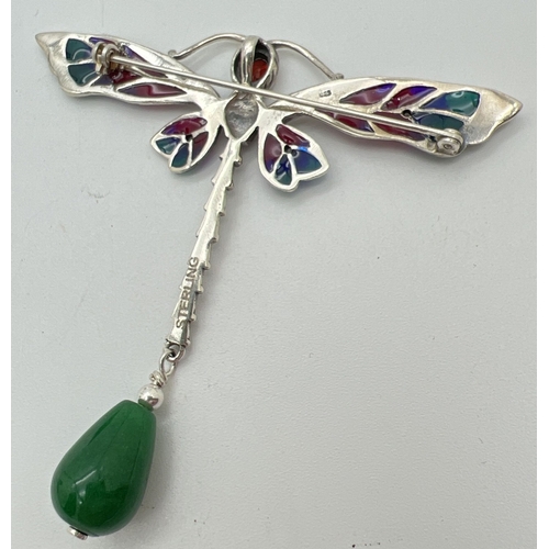 1115 - A large silver dragonfly brooch with enamelled wings, stone set detail and pear shaped  green jade d... 