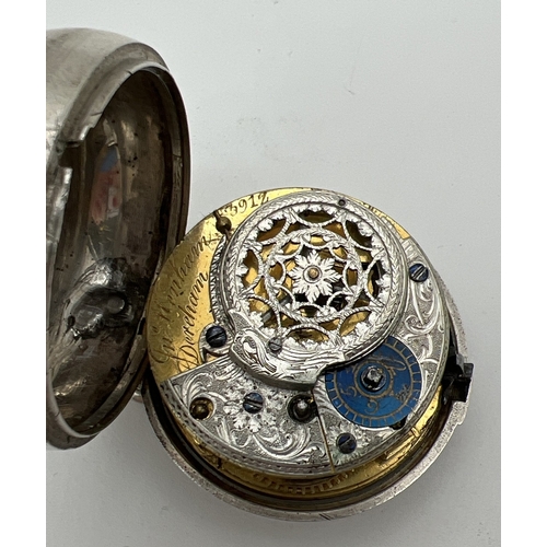 1179 - A Georgian silver verge fusee pocket watch with hinged outer case, by John Wenham, Dereham, Norfolk.... 