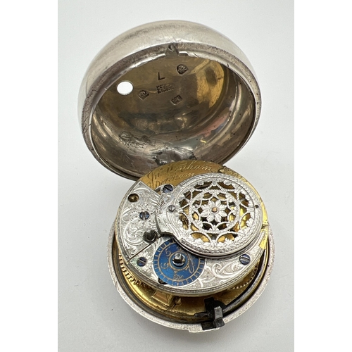 1179 - A Georgian silver verge fusee pocket watch with hinged outer case, by John Wenham, Dereham, Norfolk.... 