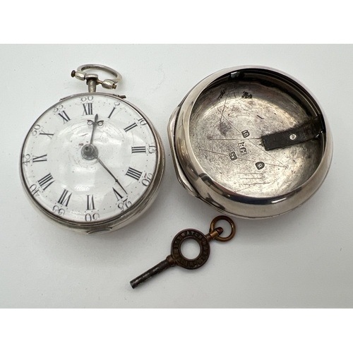 1179 - A Georgian silver verge fusee pocket watch with hinged outer case, by John Wenham, Dereham, Norfolk.... 